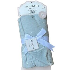 BONBINI Cotton Muslin Baby Blanket Reversible Fleece Blue Silver Stars New